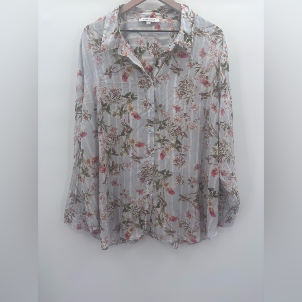 Rose & Olive Floral Sheer Blouse - Light Blue and White Striped Background 3X